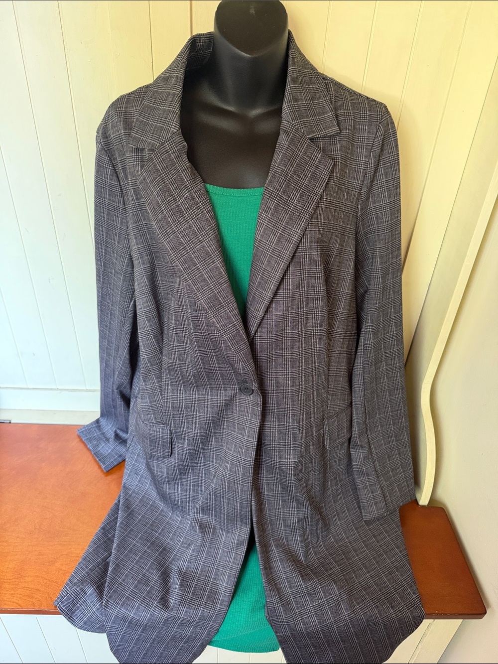 Adrianna Papell Gray Plaid Long Blazer